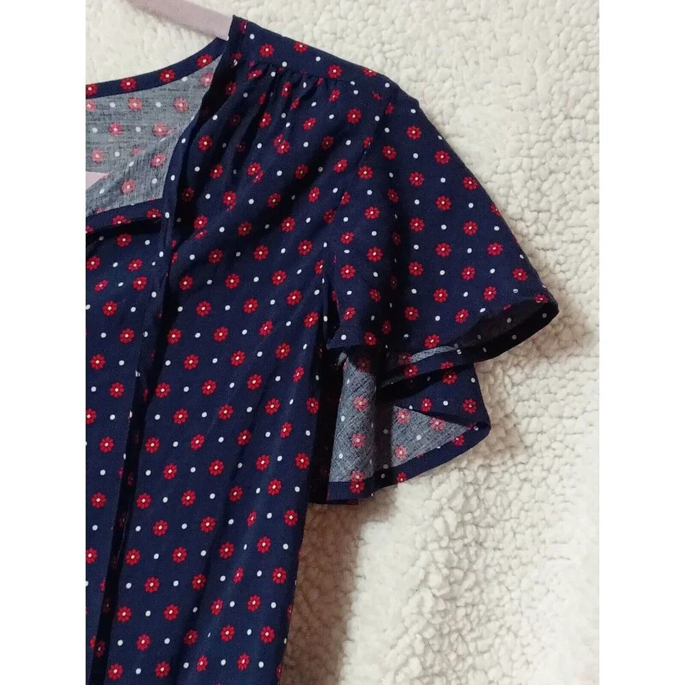 Draper James XS Blue Floral Dot Flutter Sleeve Peasant Boho Top Keyhole Tie Neck - Picture 7 of 11